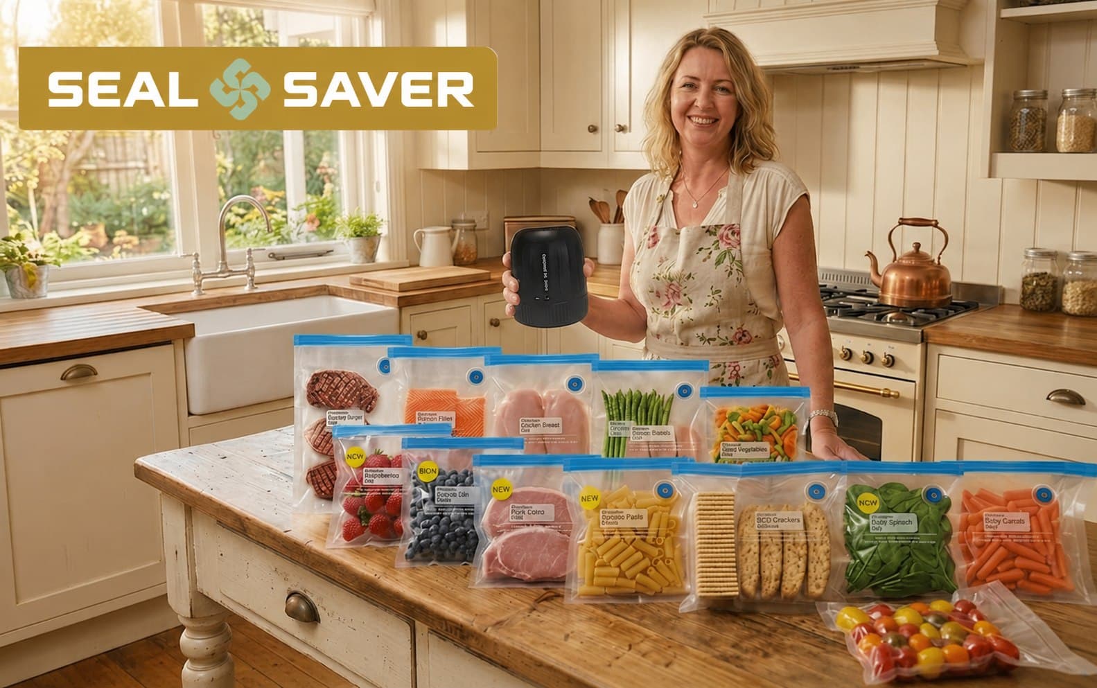 A happy home cook holding the SealSaver device beside a table full of fresh food sealed in SealSaver bags